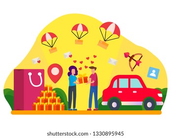 a girl got a gift from a boy, Unloading . Shipping cargo delivery, export or import, transportation and logistic, online shop,  flat vector illustration