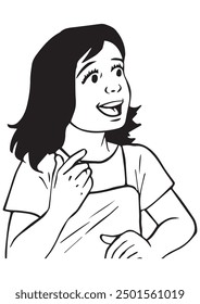 A girl in got an idea body gesture. Illustration in black and white and vector format. Please note that this illustration is not AI Generated content.