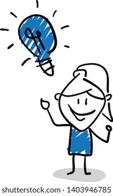 Girl got an idea. hand drawn doodle line art cartoon design character - isolated vector illustration outline of woman.