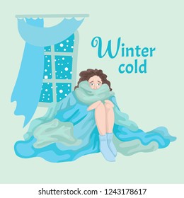 The girl got sick or froze. Took cover blanket, heated under cover. Behind the girl a window. Snowing on the street. Winter depression. Isolated objects on background. Flat cartoon vector illustration