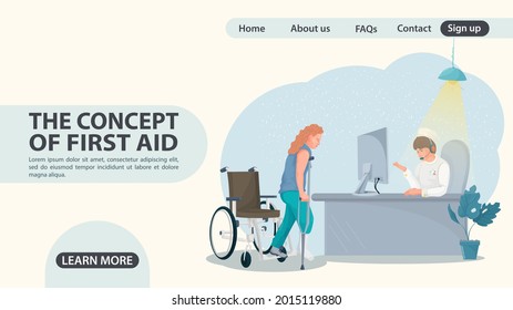 The girl got up from the wheelchair and went to the doctor, web page design concept, flat cartoon illustration