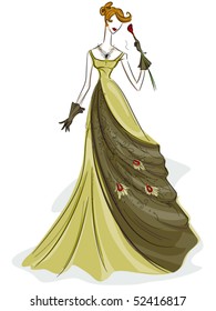 Girl in Gown Sketch holding a single Rose - Vector