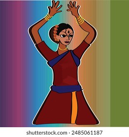 chica en una elegante pose baile indio sobre un fondo de arco iris. Mujer india en la danza tradicional Bharatnatyam ropa y pose