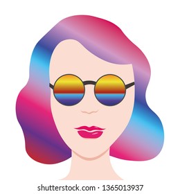 Girl with gradient hair and sunglasses. Summer vector illustration. Isolated on white. 
