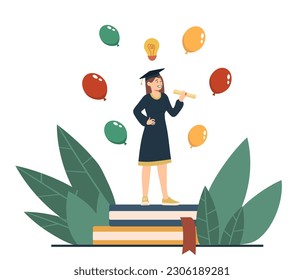 Girl graduate concept. Woman with certificate and diploma stands on large books in hat. Education, learning and training. Talented young professional, specialist. Cartoon flat vector illustration