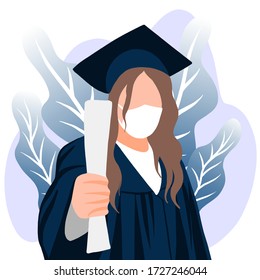 Girl graduate with a diploma in a mask. Graduation ceremony with protection against coronovirus. Vector illustration on a white background. Flat style. Align the pandemic curve.