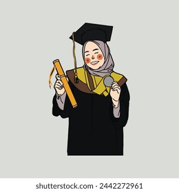 Girl Graduate Illustration With Hijab, Graduated from College Holding Certificate