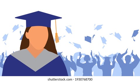 Girl graduate in mantle and academic square cap on background of cheerful crowd of graduates throwing their academic square caps. Graduation ceremony. Vector illustration