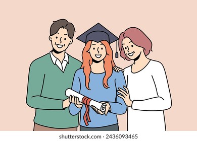 Girl graduate in student hat holds certificate of higher education, standing with parents. Woman graduate of university or college rejoices at receiving diploma of academic degree.