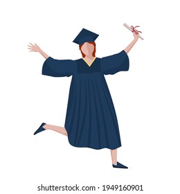 A girl graduate student runs, jumps and rejoices, holding a diploma. Stock vector illustration.