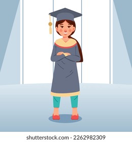 Girl graduate students standing on stage Flat style vector illustration