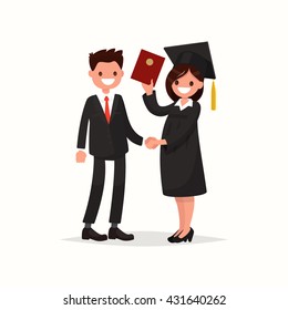 Girl is a graduate of the University awarded a diploma. Vector illustration of a flat design