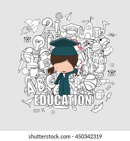 Girl Graduated Pupils Back Of School Background, Drawing By Hand Vector