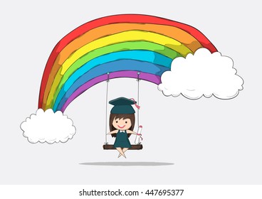 Girl graduated pupils swinging on a rainbow, drawing by hand vector