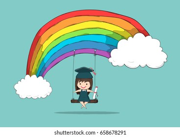 Girl graduated pupils swinging on a rainbow, drawing by hand vector
