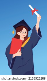 Girl graduates in a bachelor's uniform with books and papers in the background, vector illustration