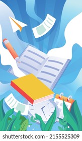 Girl graduates in a bachelor's uniform with books and papers in the background, vector illustration