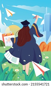 Girl graduates in a bachelor's uniform with books and papers in the background, vector illustration