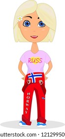 Girl graduating high school in Norway in red overalls with Norwegian flag image."Russ" is a traditional celebration for Norwegian upper secondary school pupils in their final spring semester. 
       