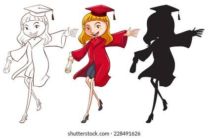 A girl graduating in three different colours on a white background