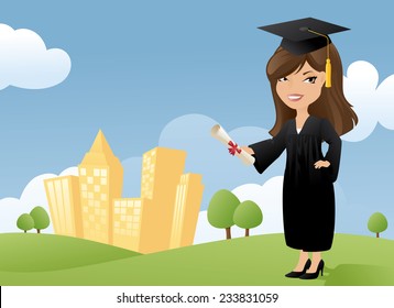 Girl in graduation gown and cap with diploma and city scene background. Separately grouped and layered