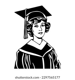Girl in graduation hat. Female student. Black silhouette. Vector illustration on white isolated background. Cartoon style. Good for packaging, posters, and social media.