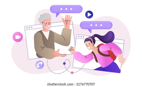 Girl granddaughter and grandpa video call. family video conference. Technology and communication between relatives. grandchild toddler talking to grandfather via webcam. Vector flat illustration.