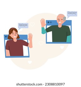Girl granddaughter and grandpa video call, family video conference, grandchild toddler talking to grandfather via webcam, communication with old people during quarantine and self-isolation