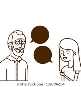 girl and grandfather with speech bubble character