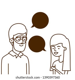 girl and grandfather with speech bubble character
