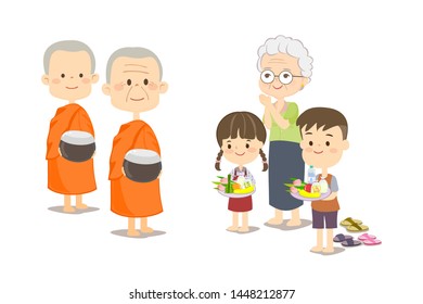 ฺBoy Girl and Grandma Offer Food to The Monks