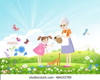 Girl, grandmother and cat drinking milk on a beautiful summer landscape with butterflies and dragonflies. Vector illustration.