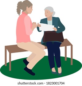 Girl and grandmother sitting on a bench and talk, view the paper, Grandma is holding on his lap a bag sacvoiaj.