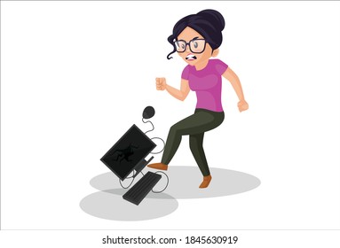 Girl graphic designer is breaking a computer in anger. Vector graphic illustration. Individually on white background.