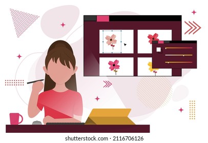 Girl Graphic Designer Digital Drawing Tool Flat Design Illustration