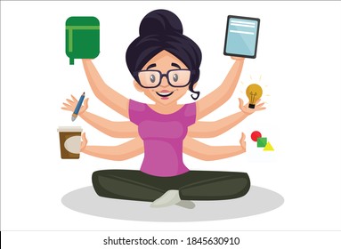 Girl graphic designer is with multiple hands and equipment. Vector graphic illustration. Individually on white background.