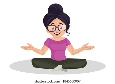Girl graphic designer is sitting on the floor and doing exercise. Vector graphic illustration. Individually on white background.