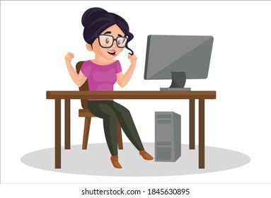 Girl graphic designer is working on a computer and getting happy. Vector graphic illustration. Individually on white background.