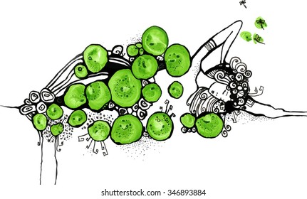 Girl graphic green. ink. girl, woman  romance, collection, colored girl,mood, unusual girl, line art, relaxation, linear pattern, doodle, zentangl, girl on a white background, summer, spring