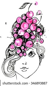 Girl graphic pink. ink. girl, woman  romance, collection, colored girl,mood, unusual girl, line art, relaxation, linear pattern, doodle, zentangle, girl on a white background, summer, spring
