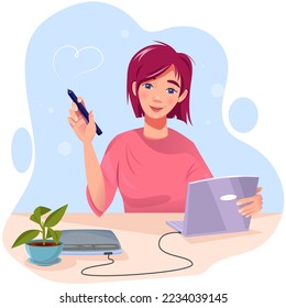 Girl with a graphic tablet and laptop at work, vector illustration, designer at work