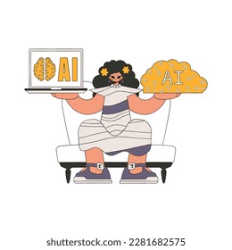 Niñas captando cerebro de IA, arte vectorial
