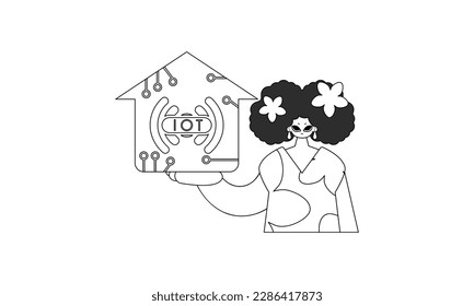 Girl grasping IOT logo in vector linear design