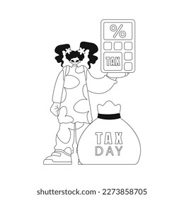 Girl grasps calculator. Linear design. Vector pic.