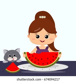 A girl and a gray cat are sitting at a table and eating a watermelon.
Girl, gray cat and watermelon.

