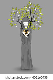 Girl with a gray cloak holding hands radiation and save the environment from contamination soaking it in themselves. Vector illustration