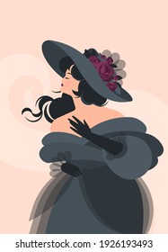 A girl in a gray fluffy dress and gloves of the 18-19th century stands. Black hair develops in the wind. Colorful vector illustration in flat cartoon style.