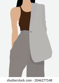Girl in a gray suit. Vector flat illustration. Lady in the top, summer look. Business outfit. Design for avatars, posters, backgrounds, templates, icons, posters, cards, stickers.