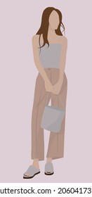 A girl in a gray T-shirt, brown pants and gray basso legs. Lady with a gray bag. Summer strict business bow. Vector flat illustration. Design for postcards, avatars, templates, textiles.