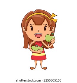 Girl green apples, cute child, vector illustration